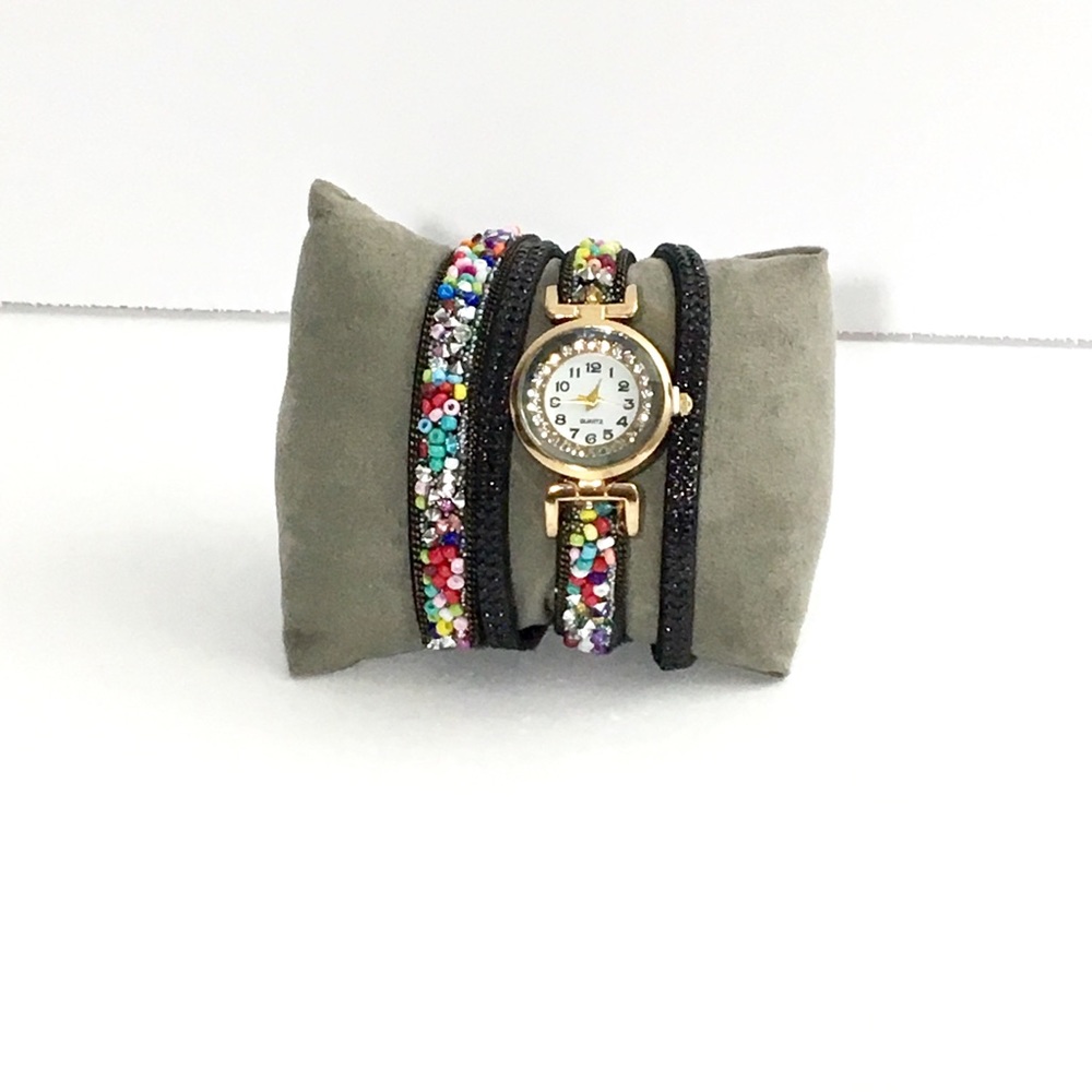 Watch Me Wrist Black Leather Beads Quartz Bracelet